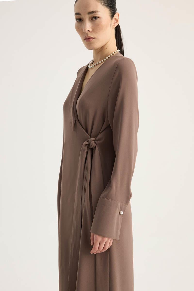 Kruvaze Krep Abaya Kahverengi