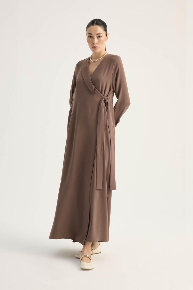 Kruvaze Krep Abaya Kahverengi