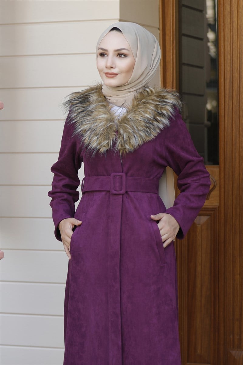Kürklü Süet Kaban Mürdüm