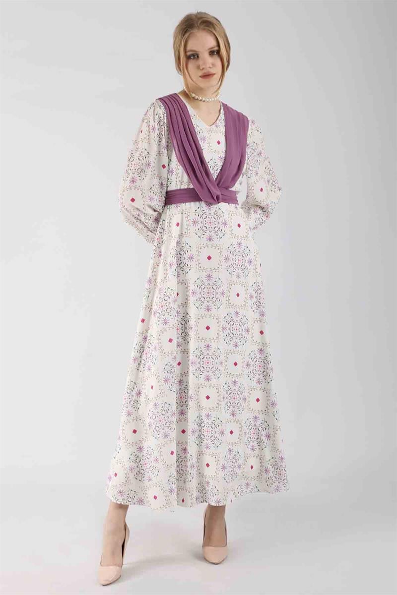 Kuşak Detaylı Elbise Lila