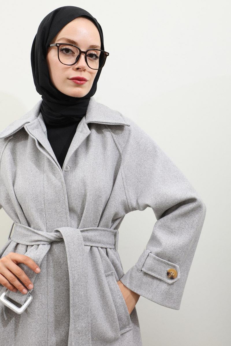 Manşeti Kemerli Uzun Kaban Gri