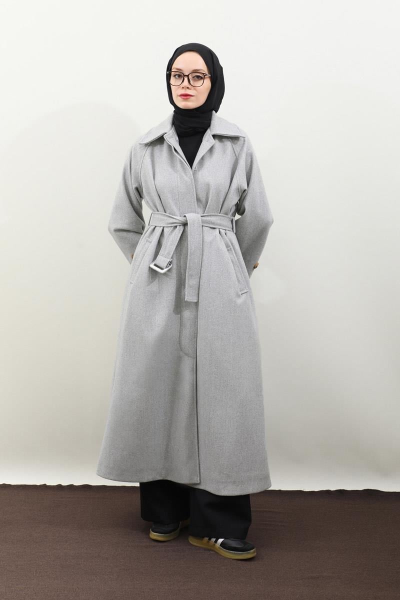 Manşeti Kemerli Uzun Kaban Gri