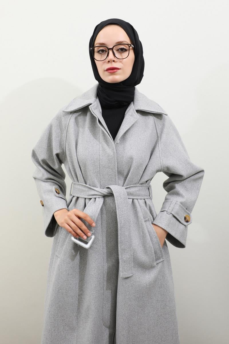 Manşeti Kemerli Uzun Kaban Gri