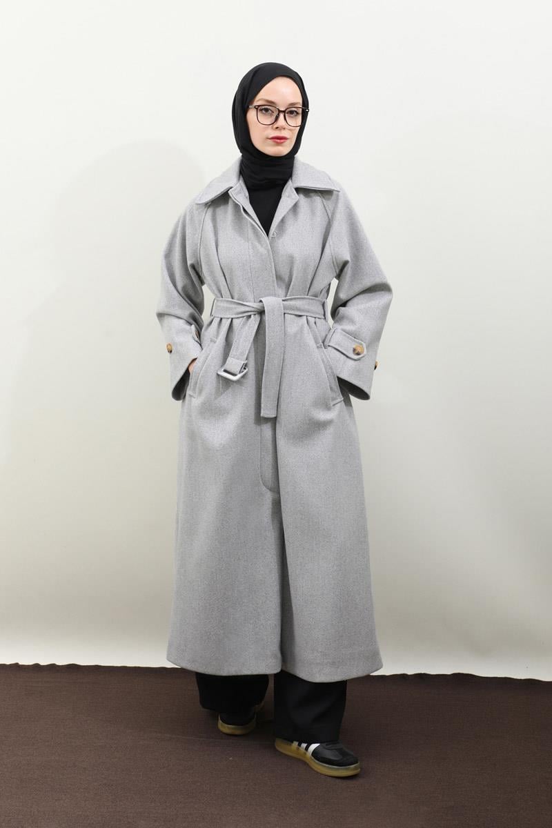 Manşeti Kemerli Uzun Kaban Gri