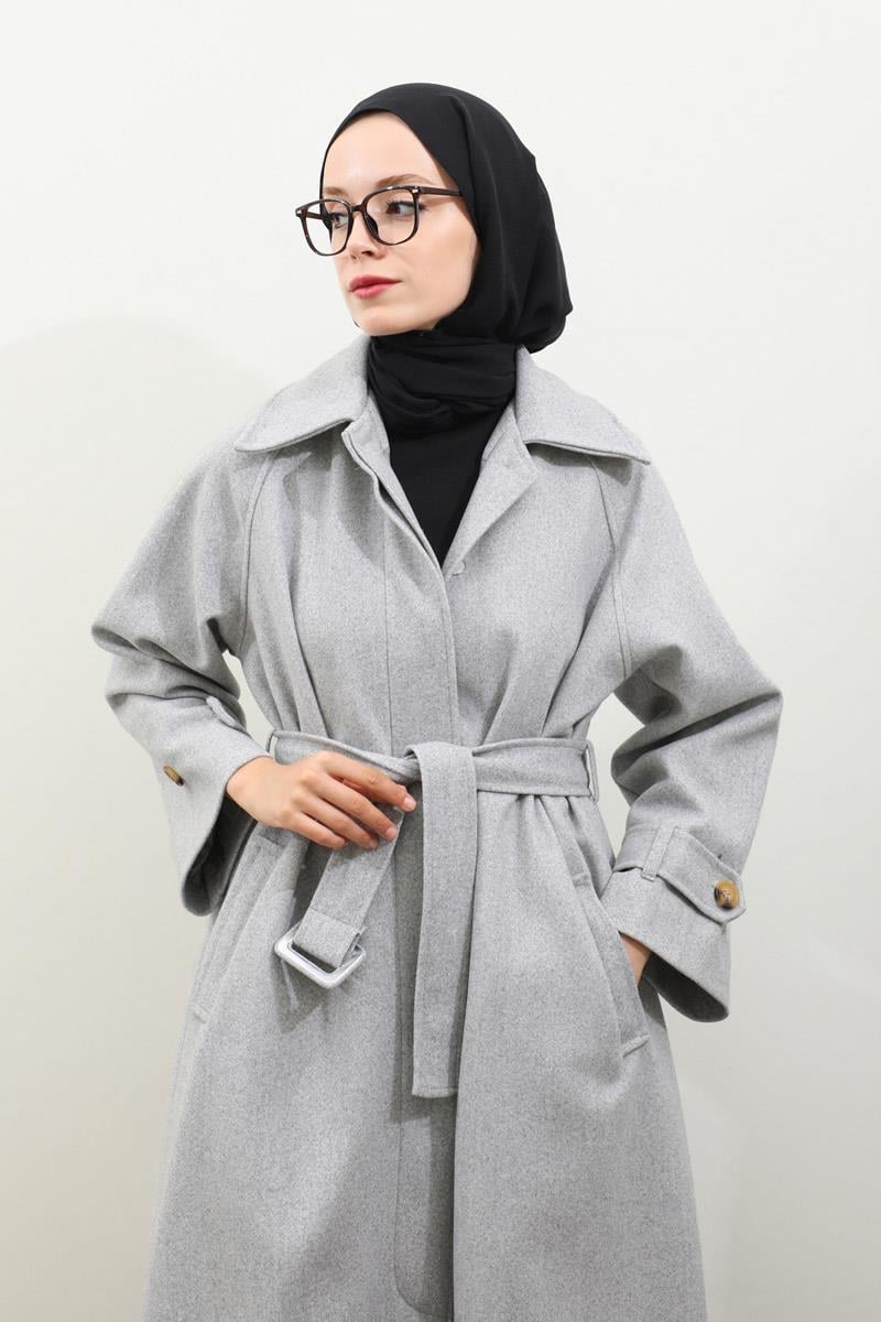 Manşeti Kemerli Uzun Kaban Gri