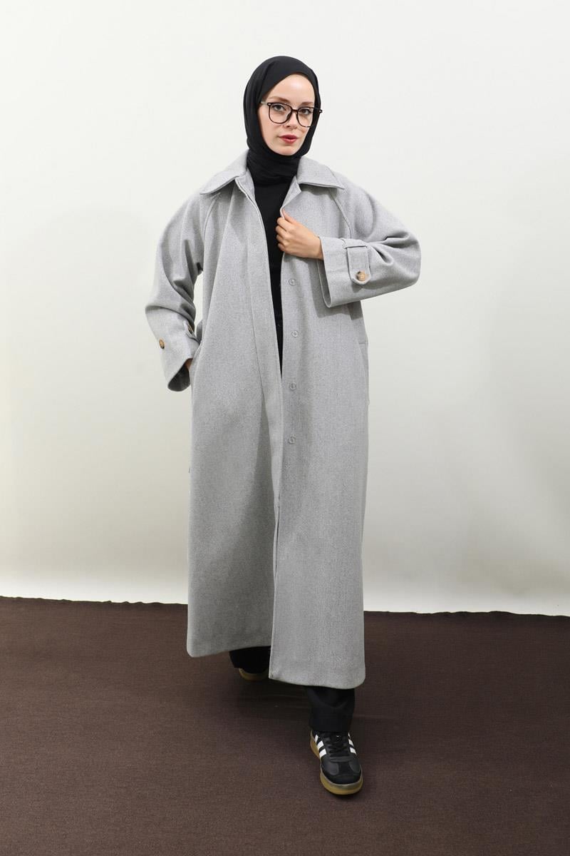 Manşeti Kemerli Uzun Kaban Gri