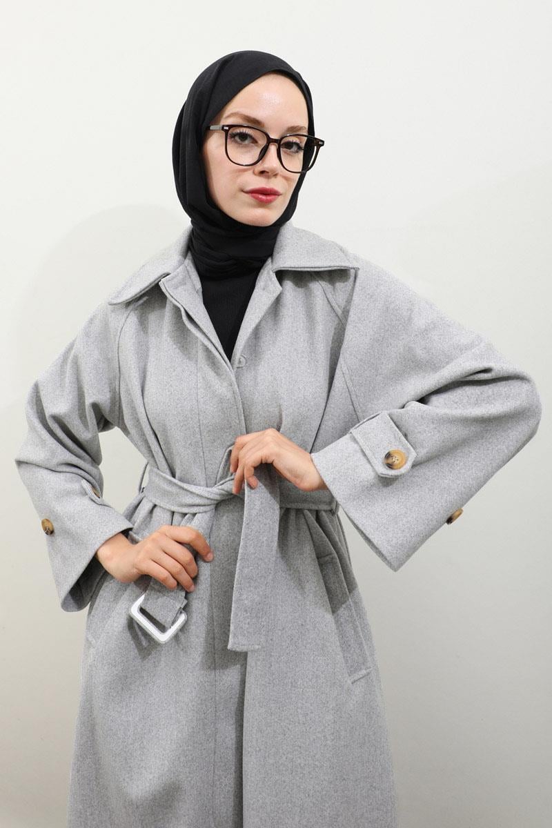 Manşeti Kemerli Uzun Kaban Gri
