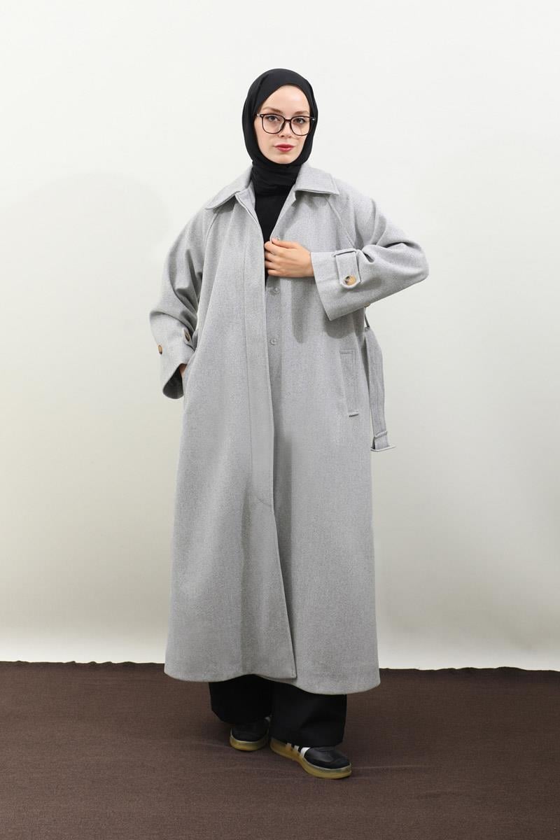 Manşeti Kemerli Uzun Kaban Gri
