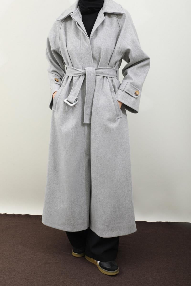 Manşeti Kemerli Uzun Kaban Gri