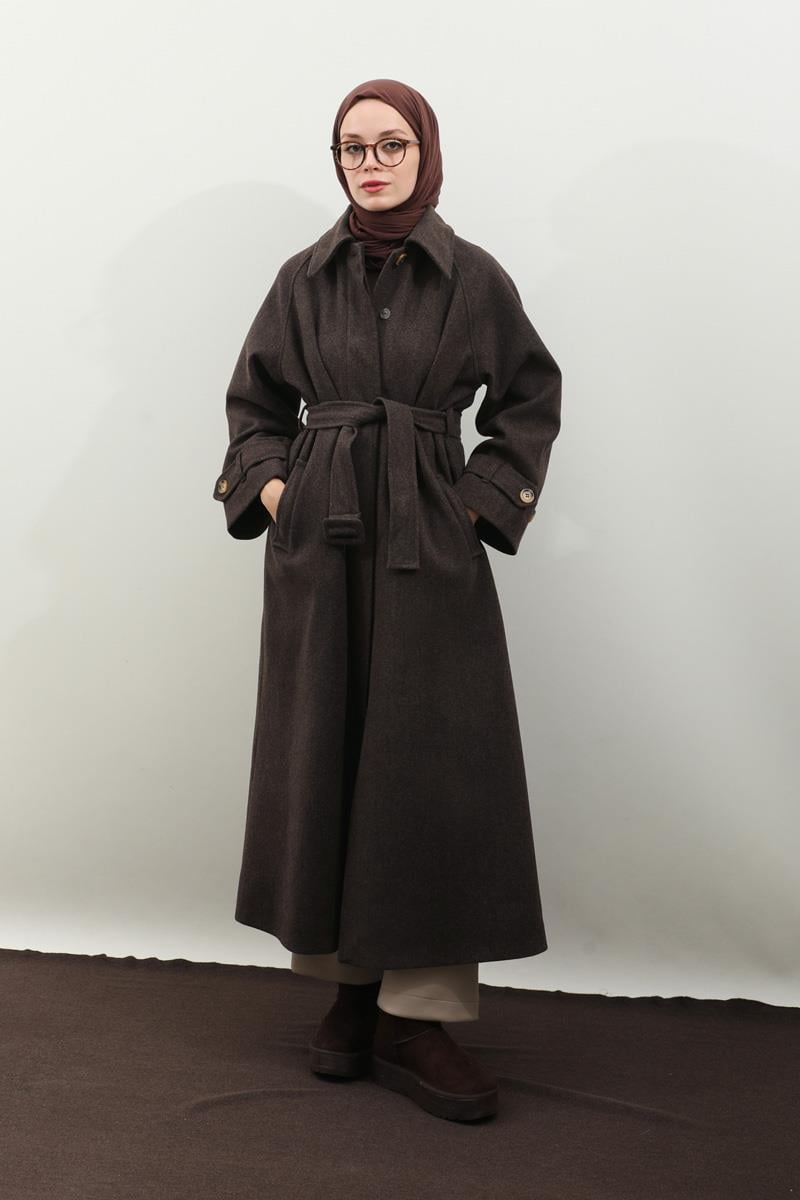 Manşeti Kemerli Uzun Kaban Kahverengi