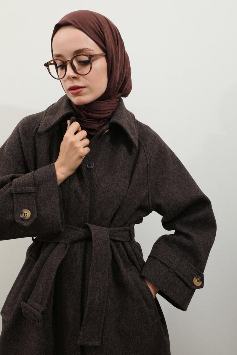 Manşeti Kemerli Uzun Kaban Kahverengi