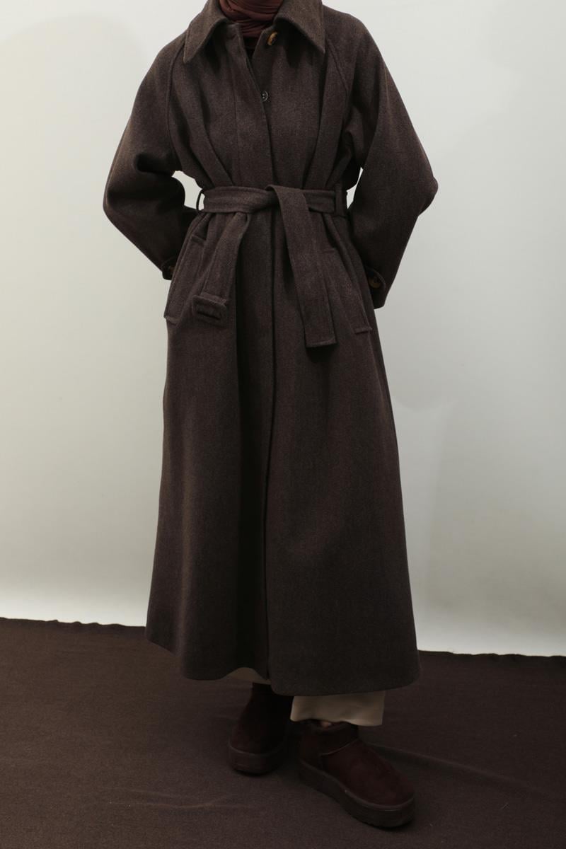 Manşeti Kemerli Uzun Kaban Kahverengi