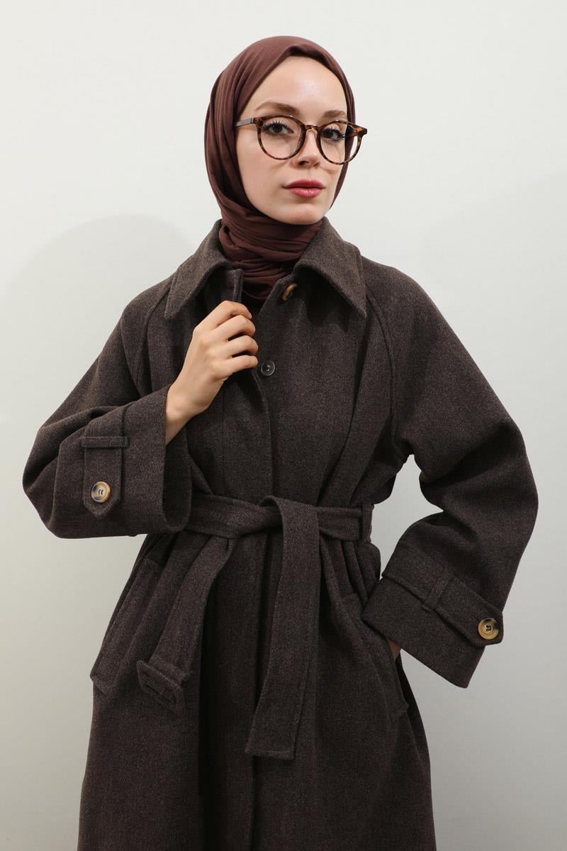 Manşeti Kemerli Uzun Kaban Kahverengi