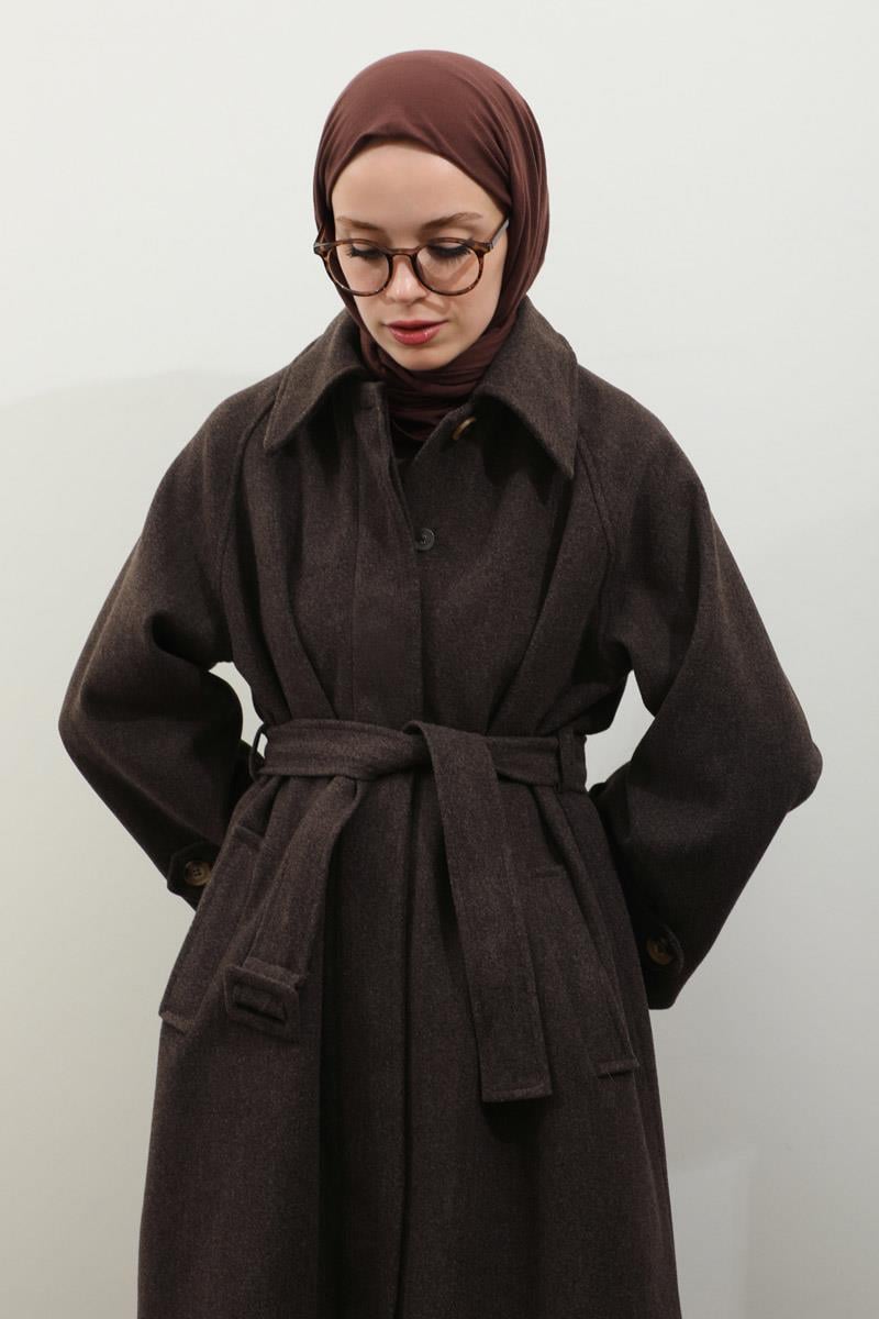 Manşeti Kemerli Uzun Kaban Kahverengi