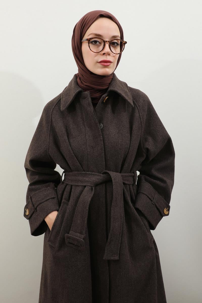 Manşeti Kemerli Uzun Kaban Kahverengi