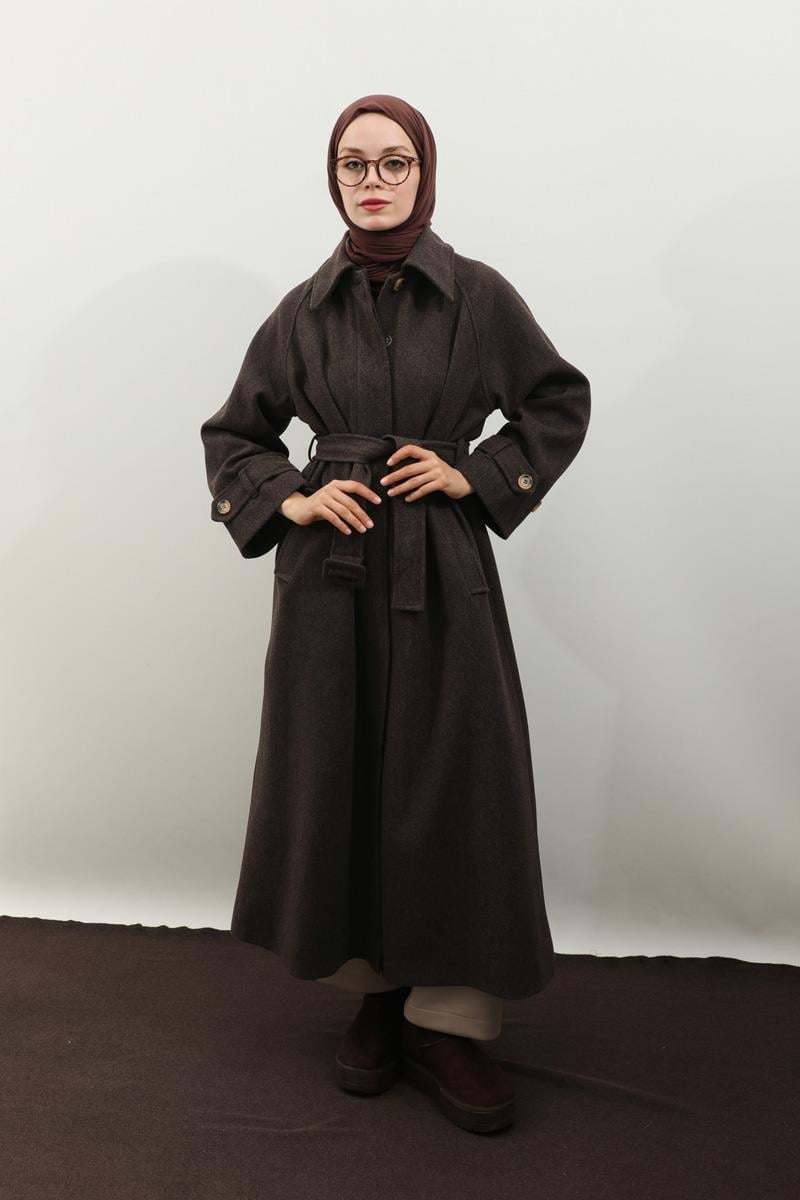 Manşeti Kemerli Uzun Kaban Kahverengi