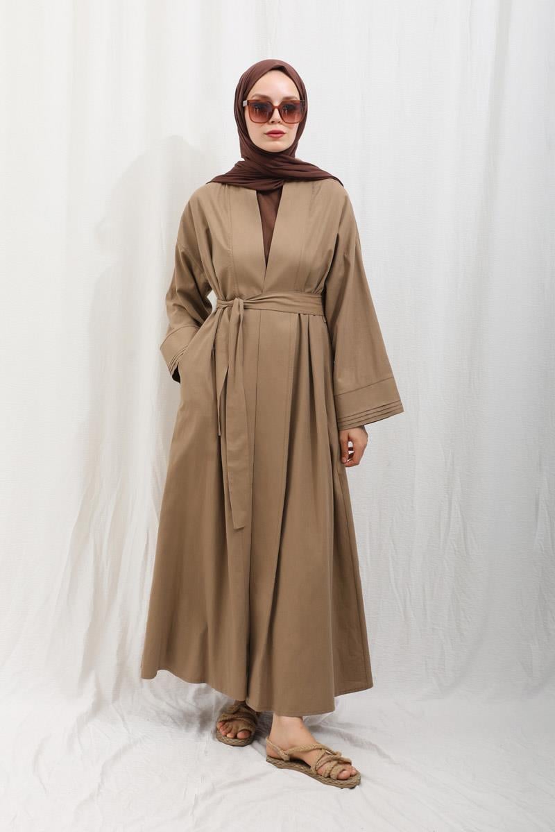 Manşeti Nervürlü Abaya Camel