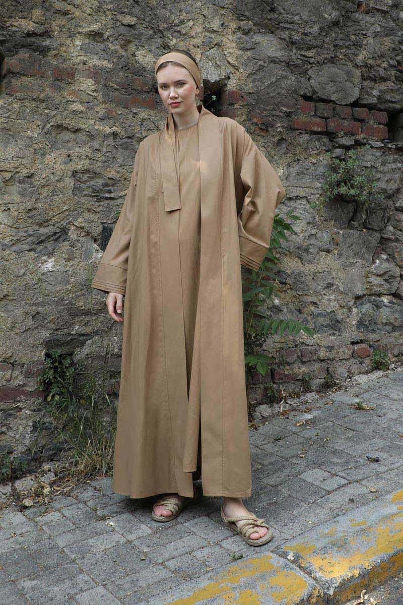 Manşeti Nervürlü Abaya Camel