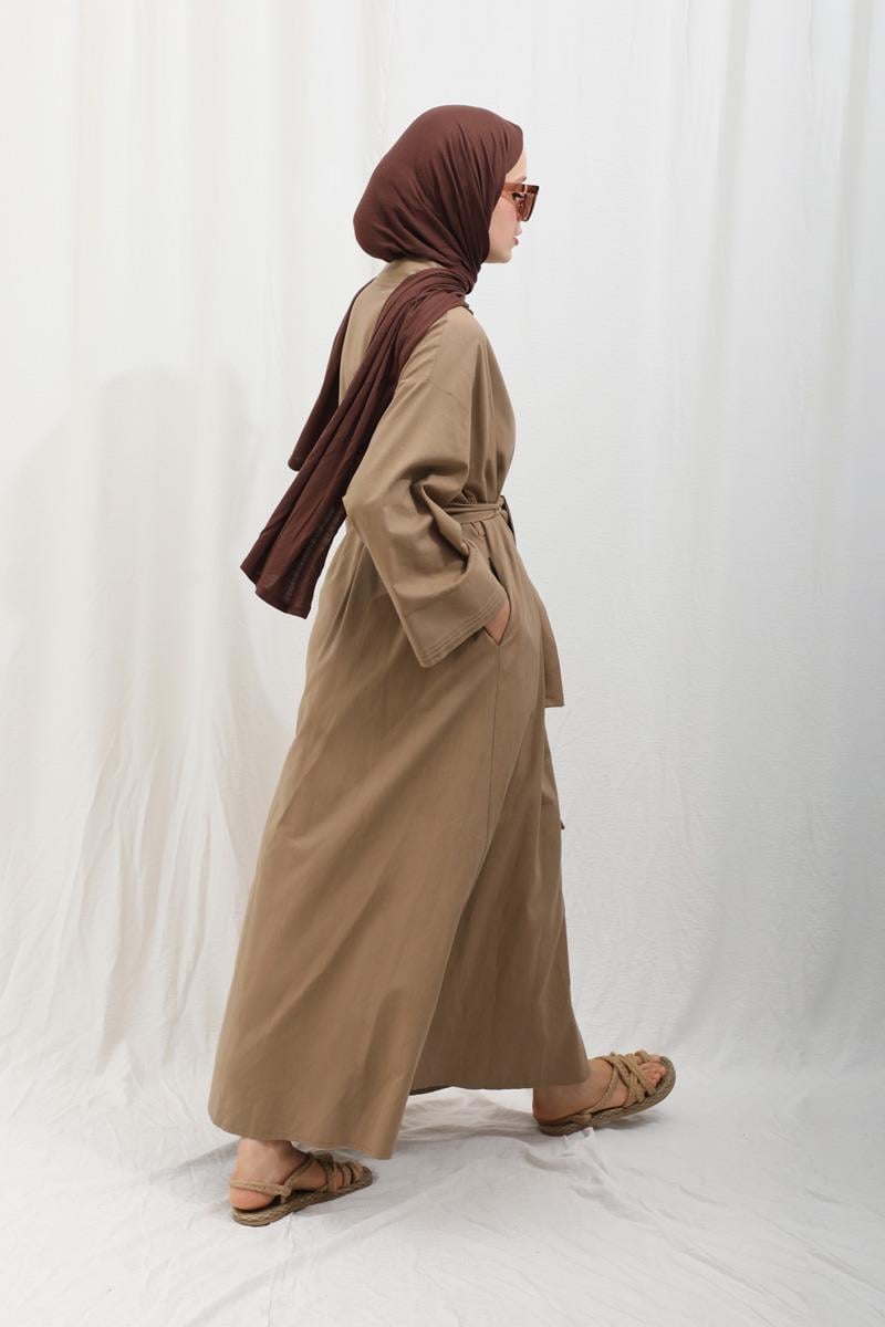Manşeti Nervürlü Abaya Camel