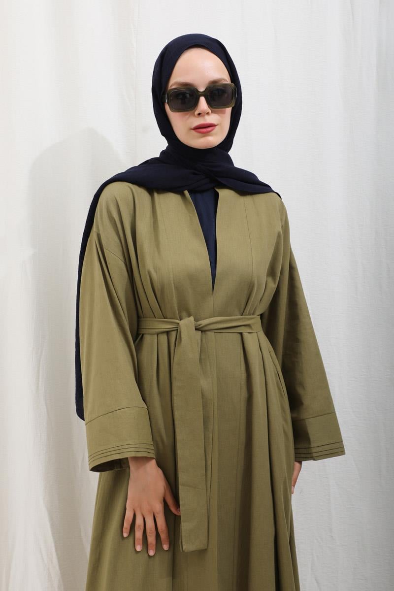 Manşeti Nervürlü Abaya Haki