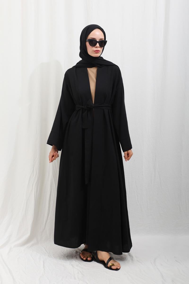 Manşeti Nervürlü Abaya Siyah