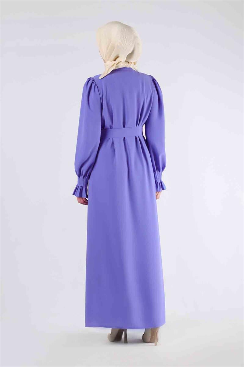 Manşeti Pileli Elbise Ferace Lila