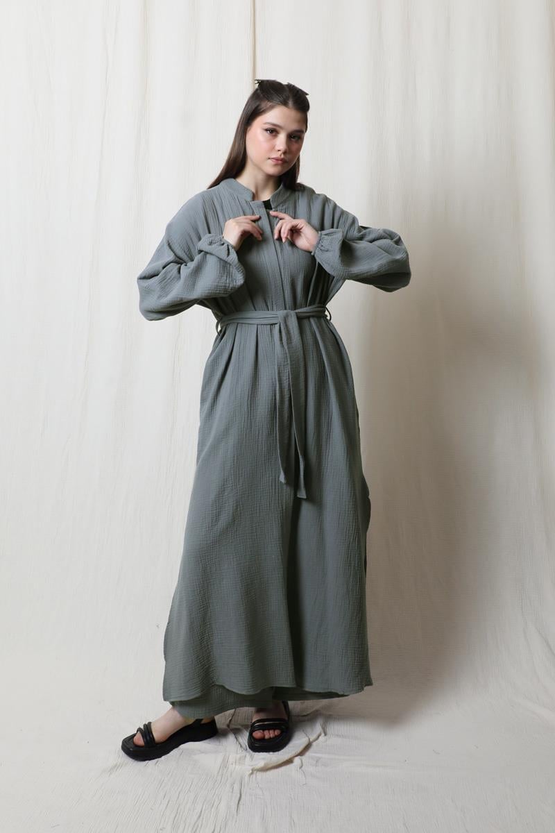 Müslin Abaya Takım Koyu Gri