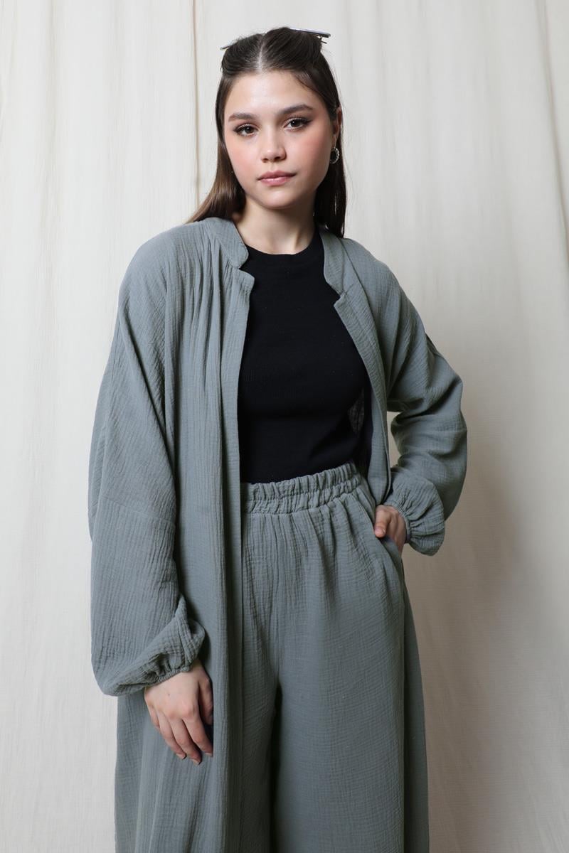 Müslin Abaya Takım Koyu Gri