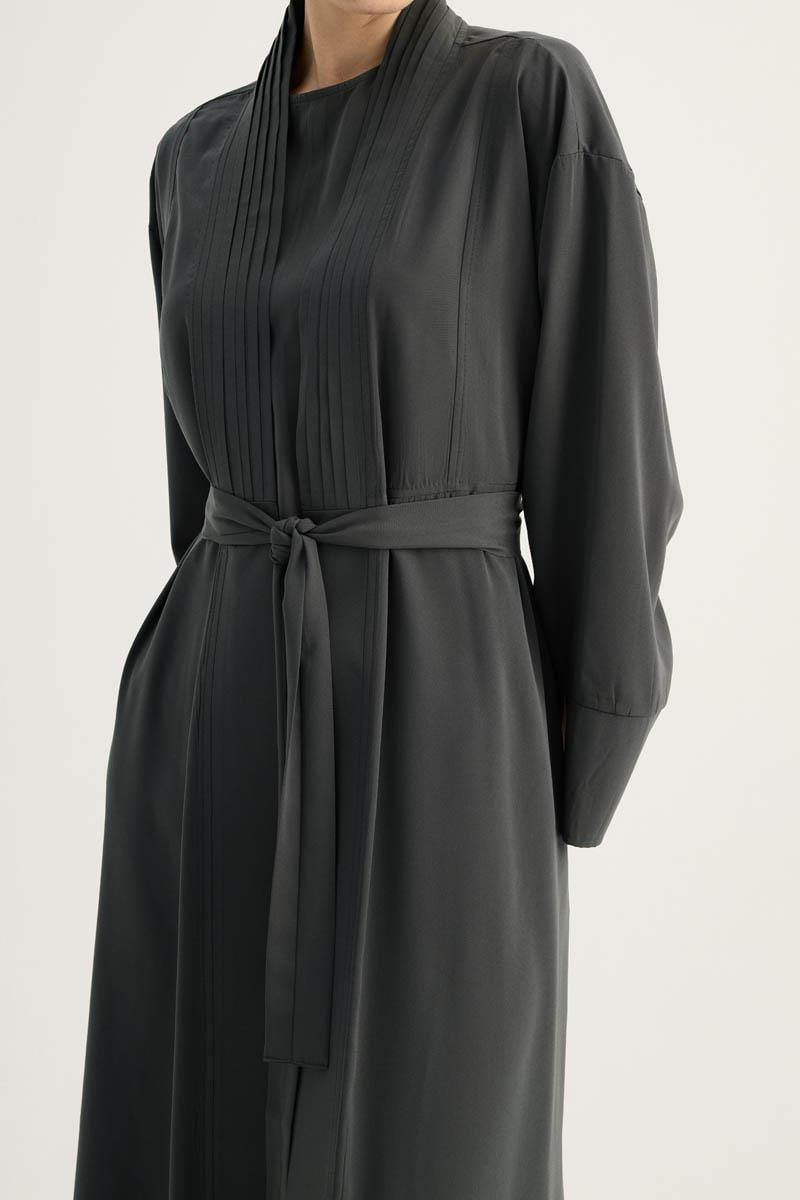 Nervür Detaylı Abaya Takım Füme