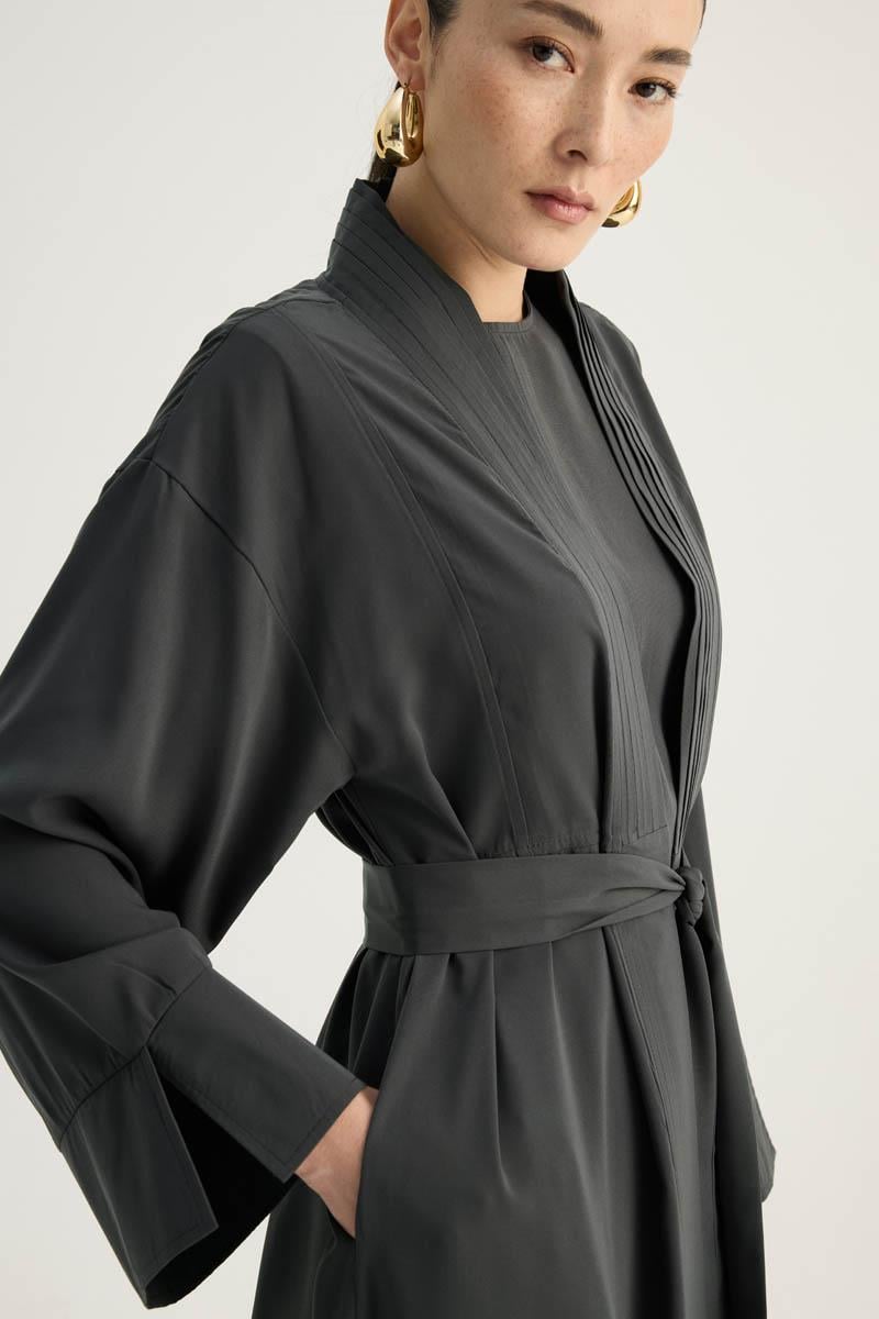 Nervür Detaylı Abaya Takım Füme