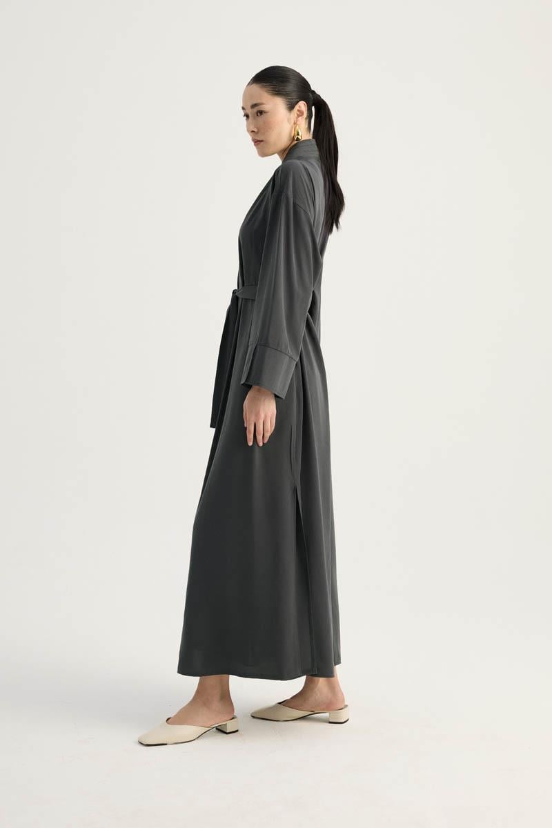 Nervür Detaylı Abaya Takım Füme