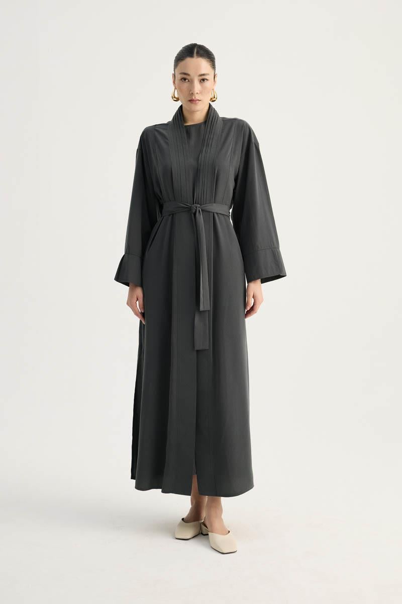 Nervür Detaylı Abaya Takım Füme