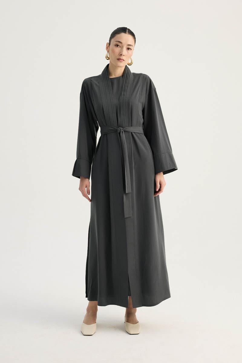 Nervür Detaylı Abaya Takım Füme