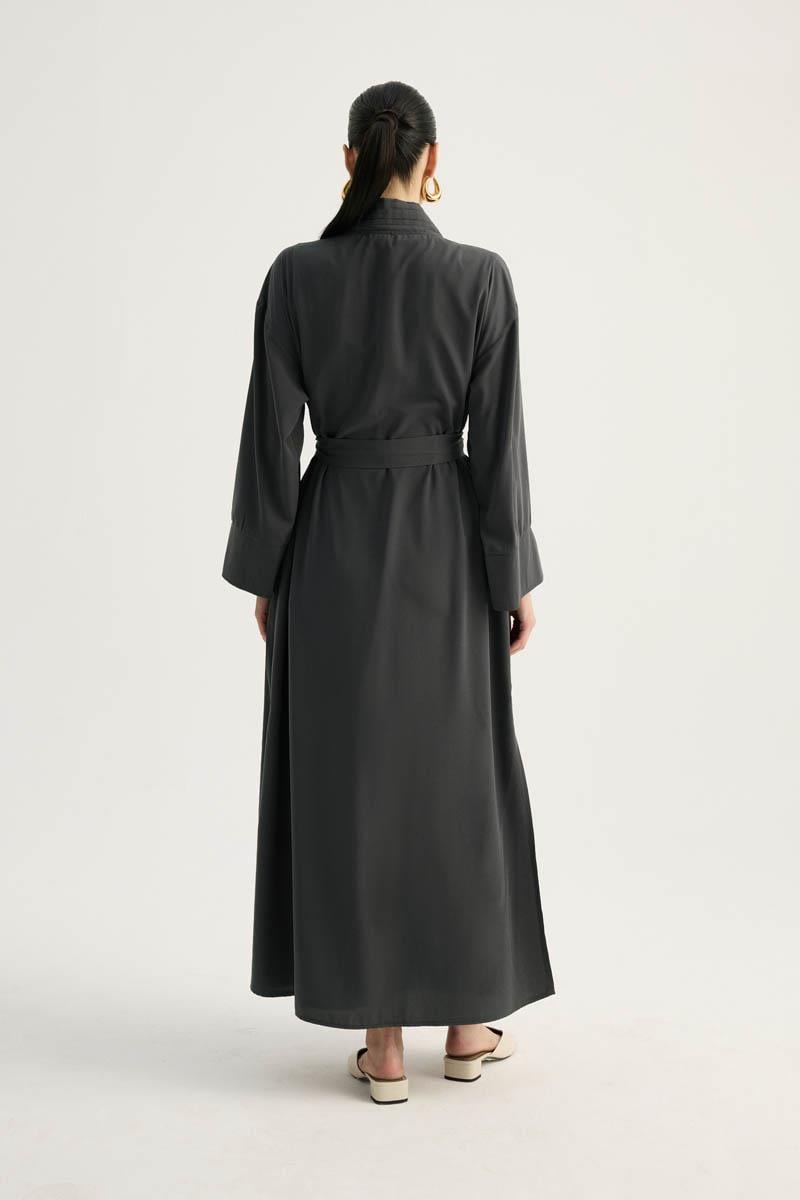 Nervür Detaylı Abaya Takım Füme