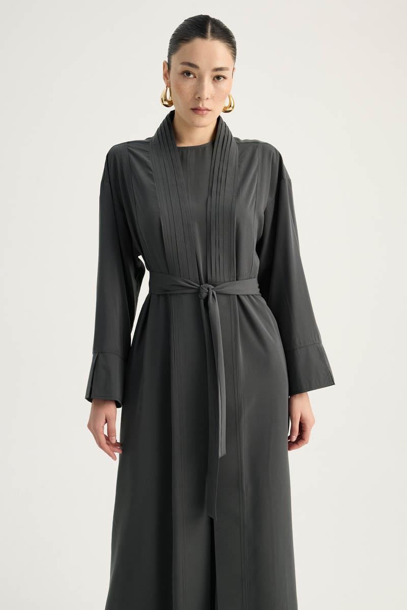 Nervür Detaylı Abaya Takım Füme