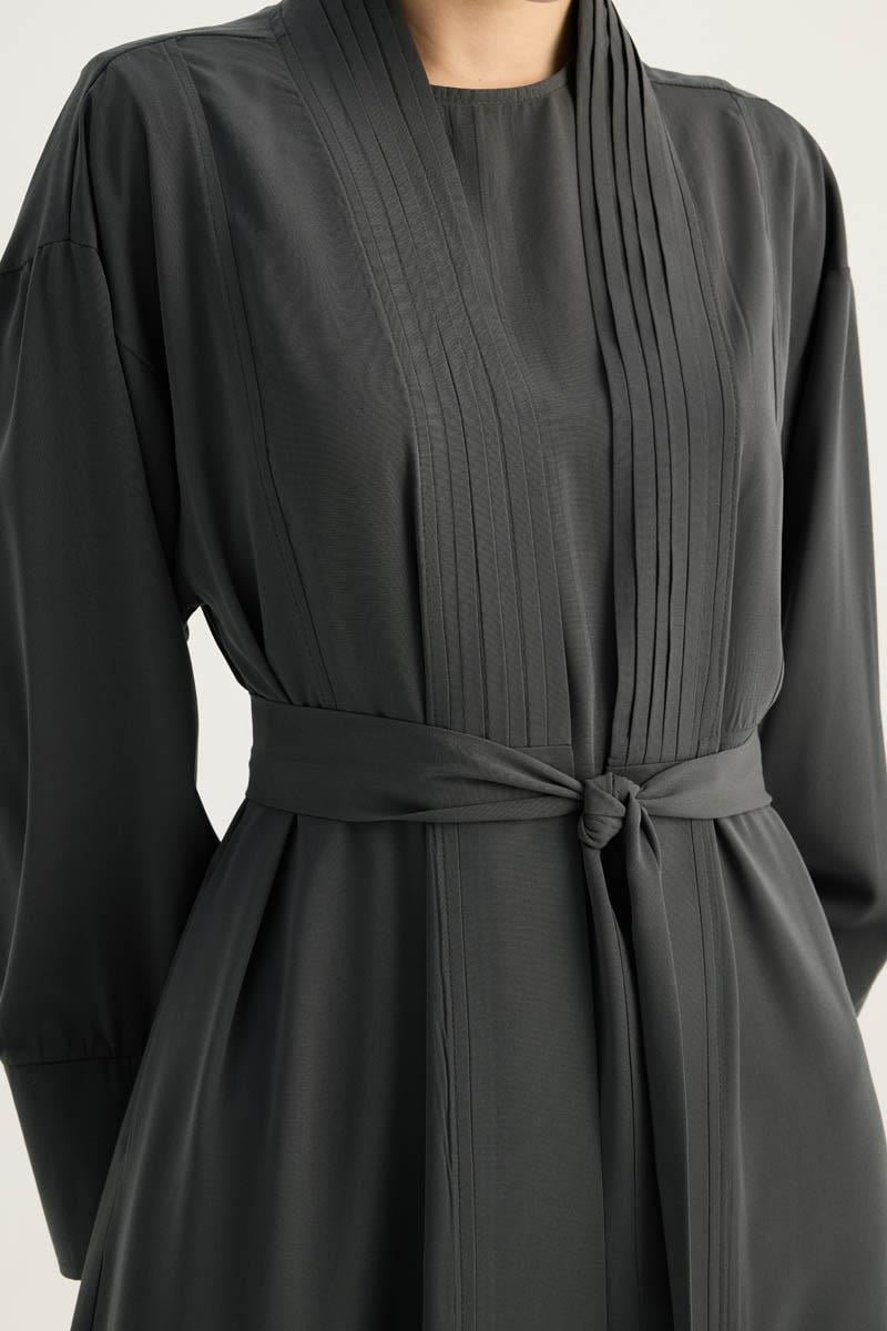 Nervür Detaylı Abaya Takım Füme