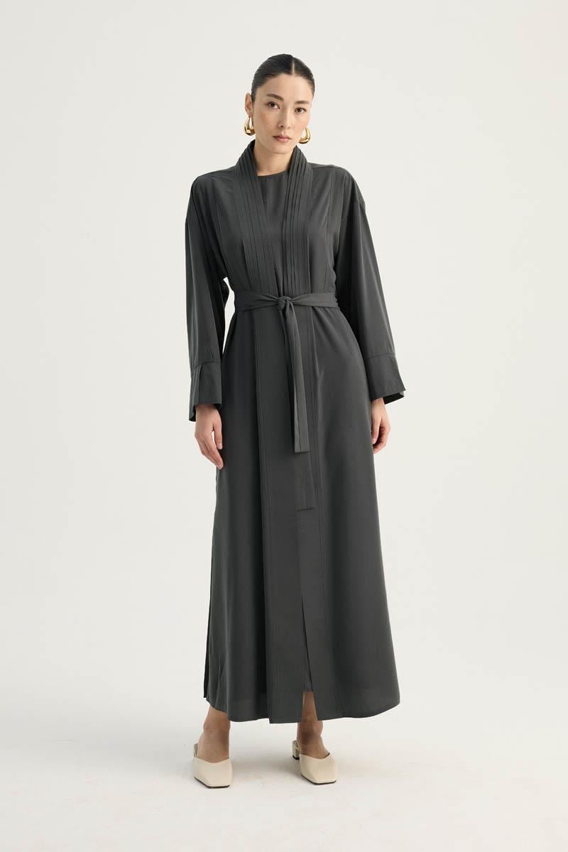 Nervür Detaylı Abaya Takım Füme