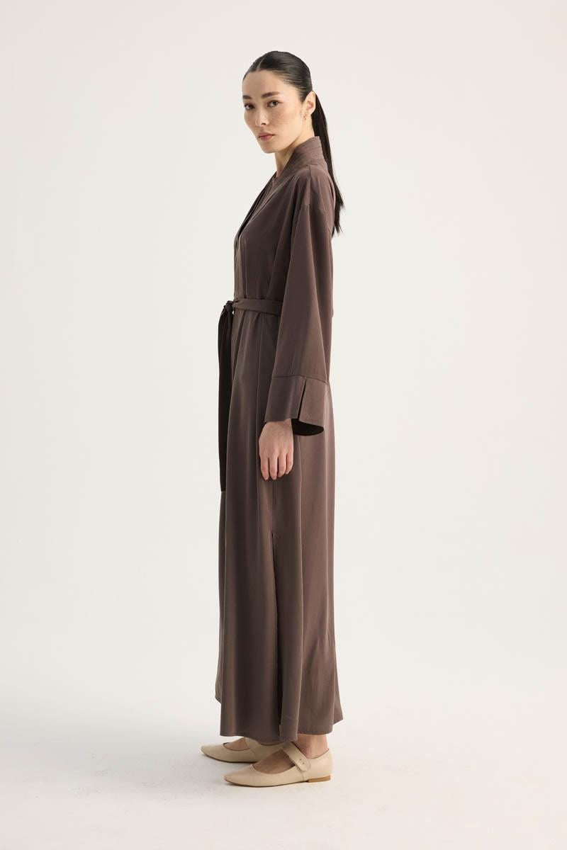 Nervür Detaylı Abaya Takım Kahverengi