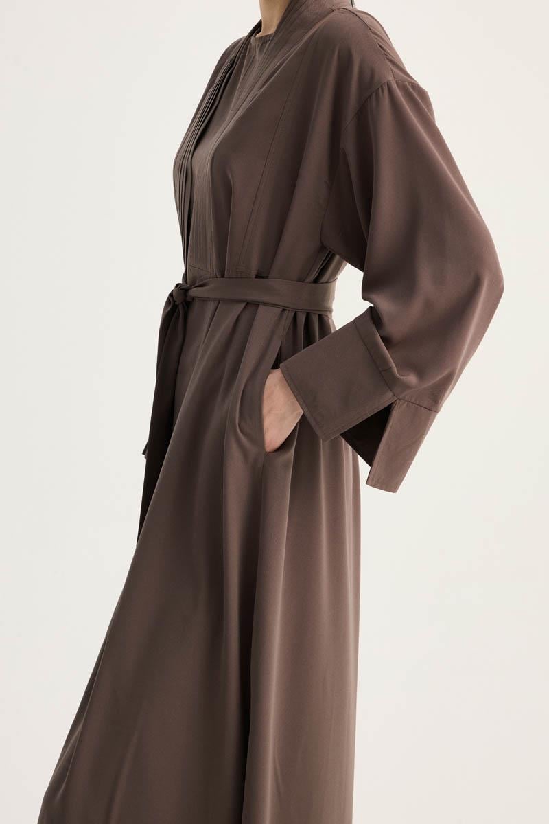Nervür Detaylı Abaya Takım Kahverengi