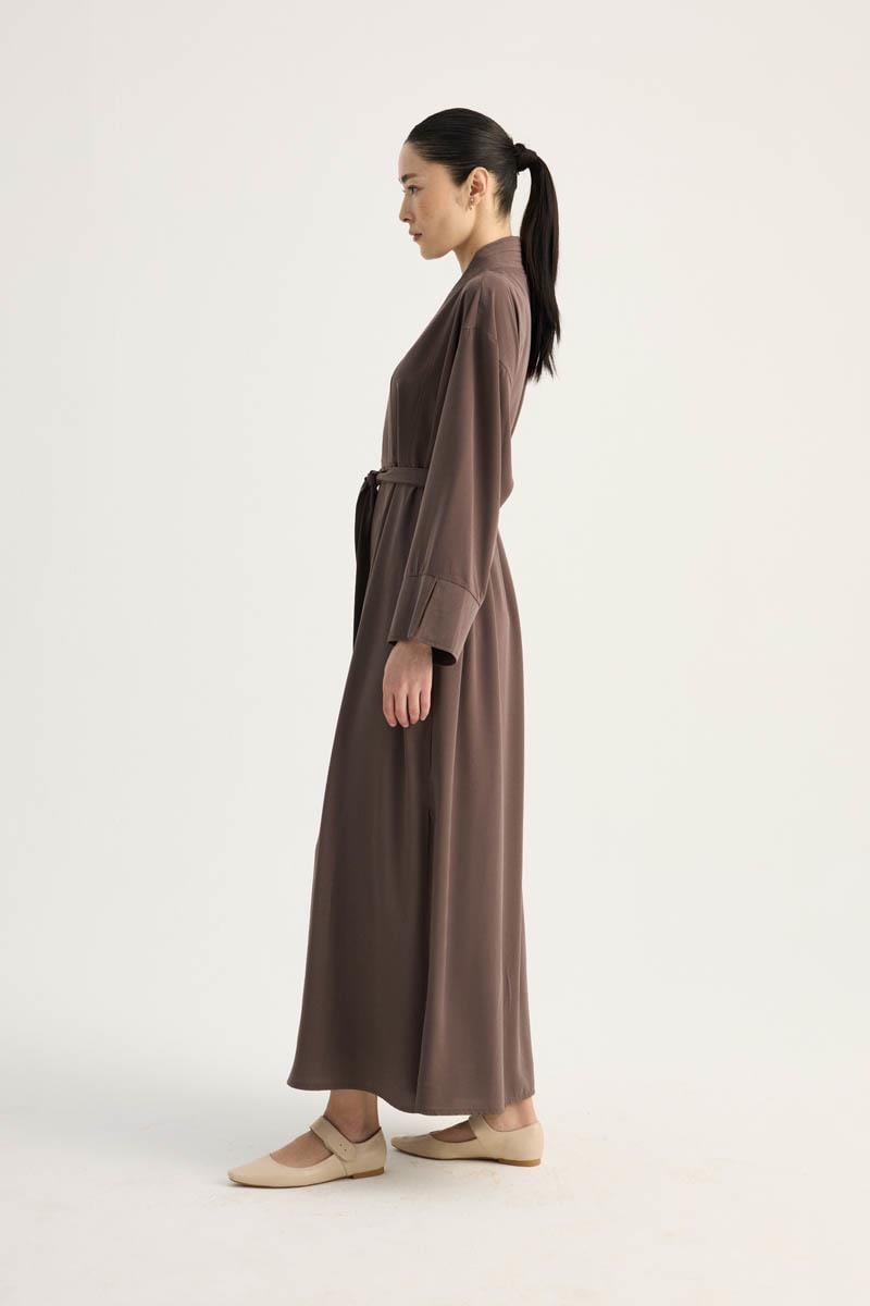Nervür Detaylı Abaya Takım Kahverengi