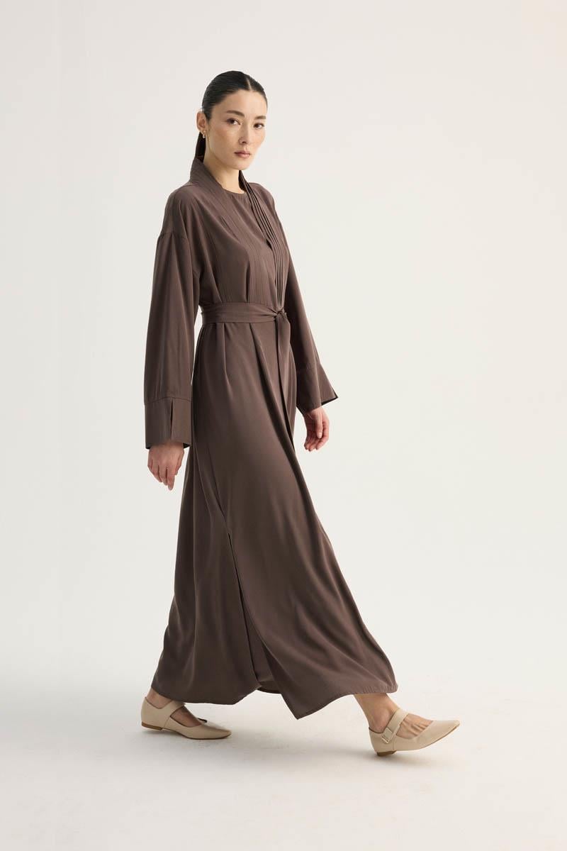 Nervür Detaylı Abaya Takım Kahverengi