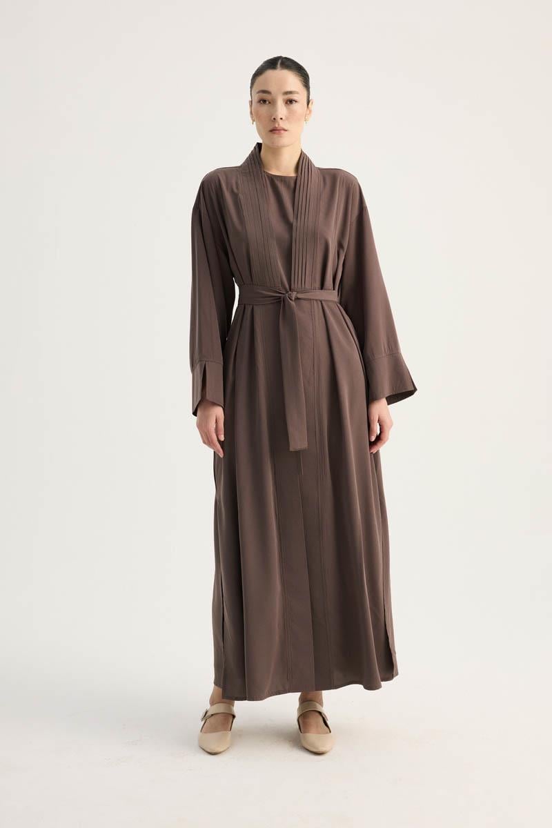 Nervür Detaylı Abaya Takım Kahverengi