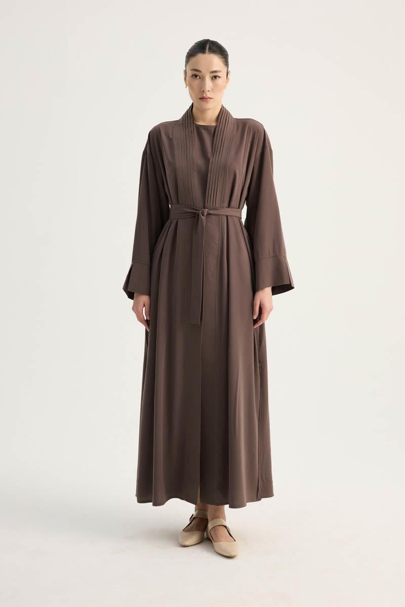 Nervür Detaylı Abaya Takım Kahverengi