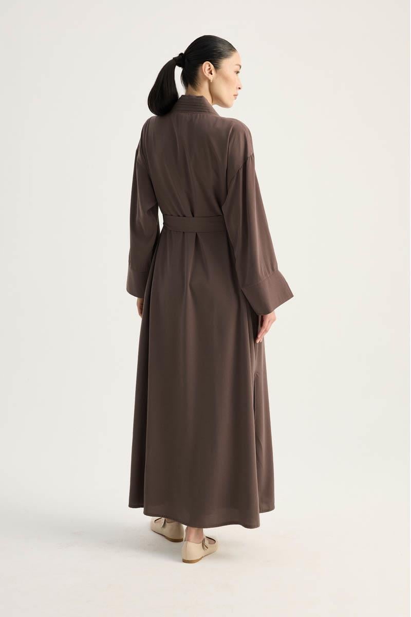 Nervür Detaylı Abaya Takım Kahverengi