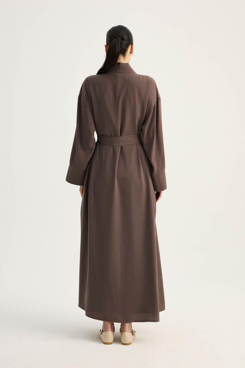 Nervür Detaylı Abaya Takım Kahverengi
