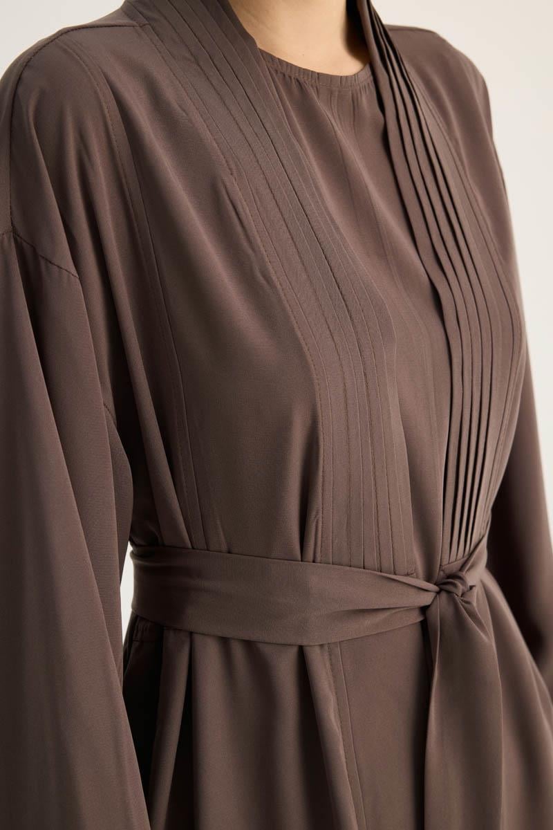 Nervür Detaylı Abaya Takım Kahverengi