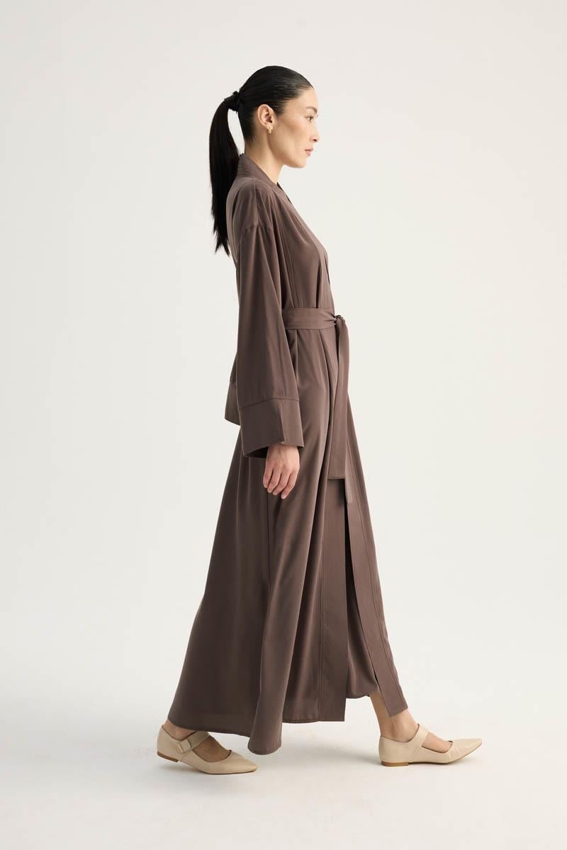 Nervür Detaylı Abaya Takım Kahverengi