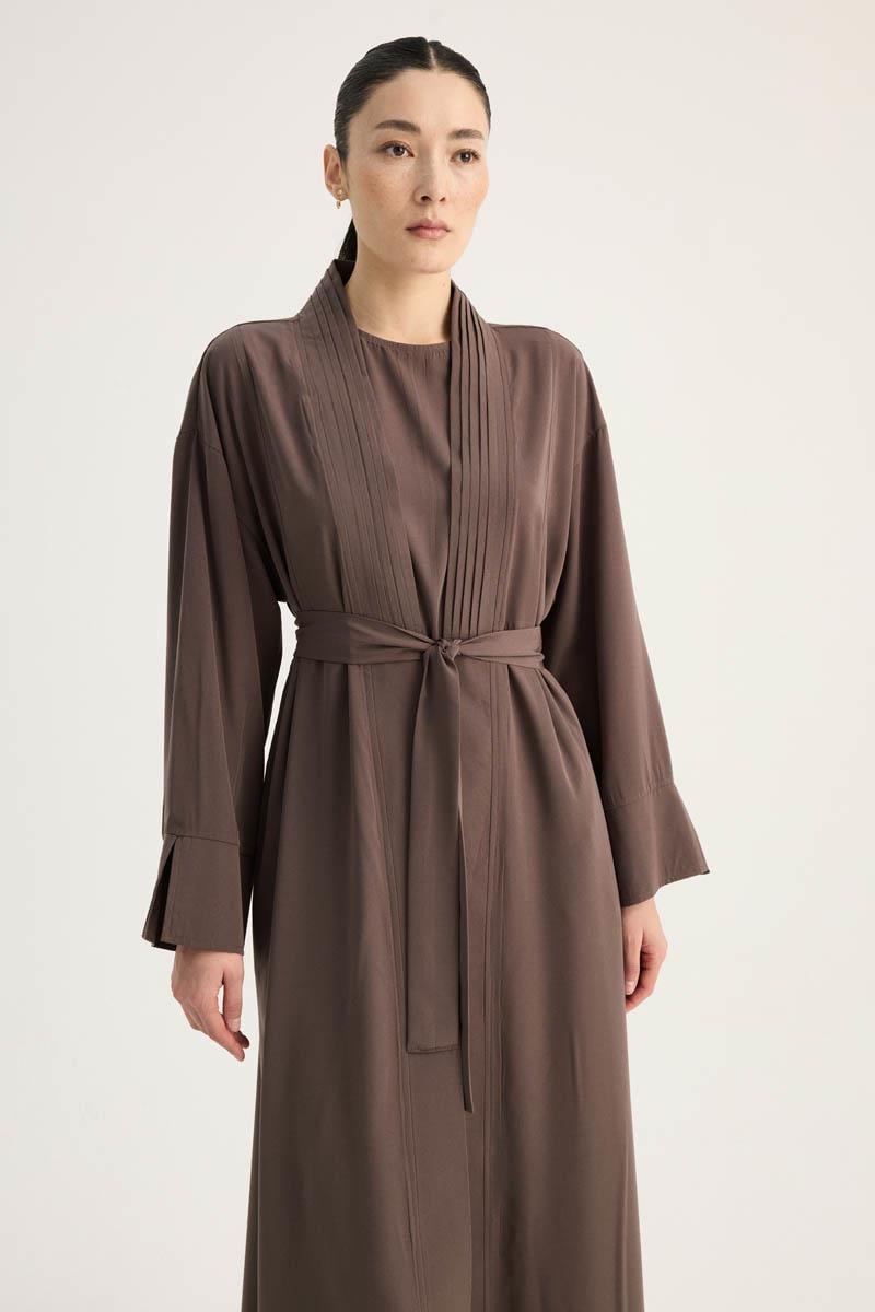 Nervür Detaylı Abaya Takım Kahverengi