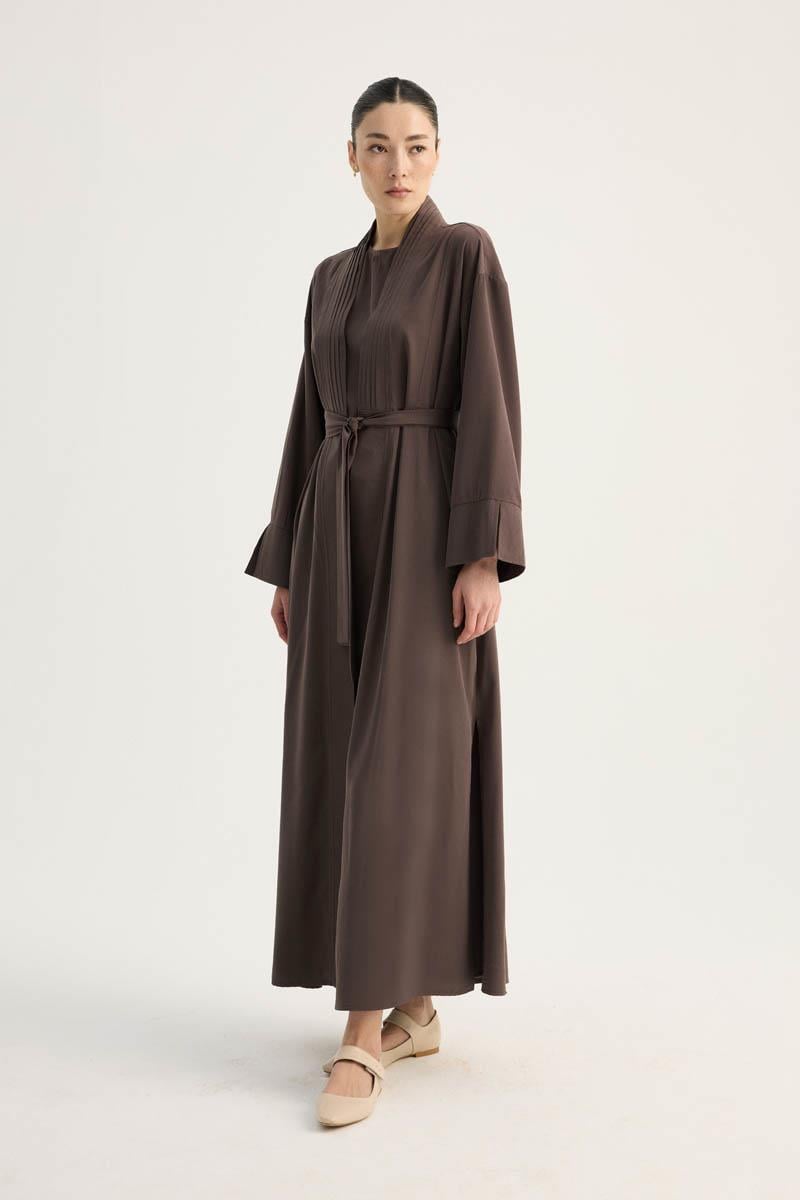 Nervür Detaylı Abaya Takım Kahverengi