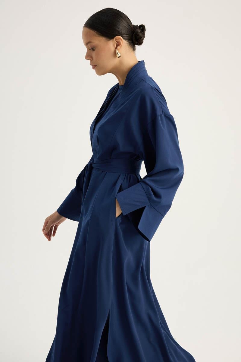 Nervür Detaylı Abaya Takım Lacivert